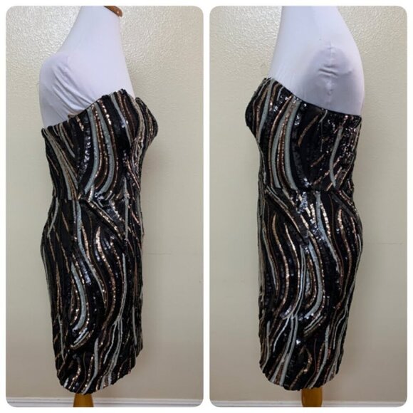 Dress the Population Strapless Mini Sequins Sheath Cocktail Dress SMALL Black - Picture 3 of 10